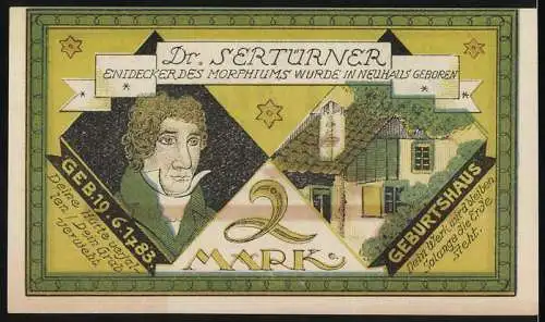 Notgeld Neuhaus, 1921, 2 Mark, Bischöfliche Residenz und Geburtshaus Dr. Sertürner, Entdecker des Morphiums