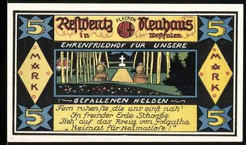 Notgeld Neuhaus 1921, 5 Mark, Ehrenfriedhof und Franzosenfriedhof in Sennelager