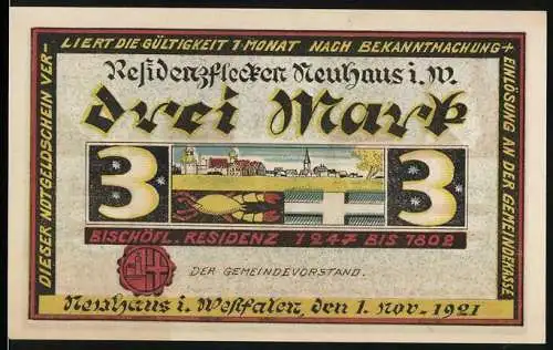 Notgeld Neuhaus, 1921, drei Mark, Bischöfl. Residenz 1247 bis 1802, Schloss Neuhaus, Bischöfe Paderborn