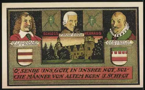 Notgeld Neuhaus, 1921, drei Mark, Bischöfl. Residenz 1247 bis 1802, Schloss Neuhaus, Bischöfe Paderborn