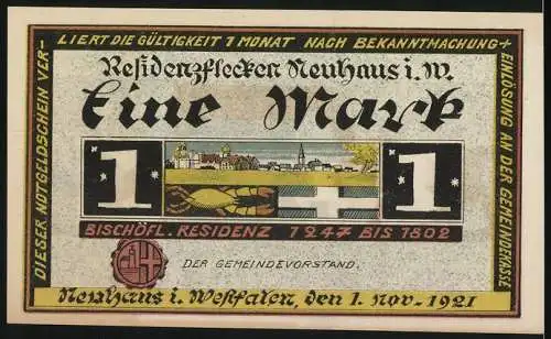 Notgeld Neuhaus 1921, Eine Mark, Nach der Schlacht im Teutoburger Walde und Residenzflecken Neuhaus i. W