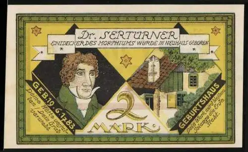 Notgeld Neuhaus 1921, 2 Mark, Dr. Sertürner Entdecker des Morphiums und Bischöfl. Residenz 1247 bis 1802