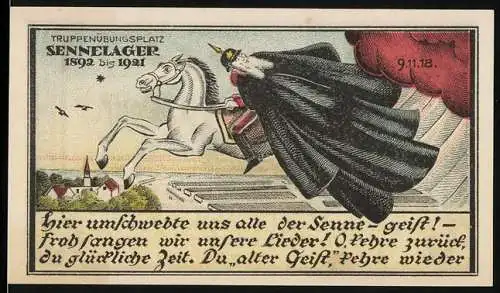 Notgeld Neuhaus / Westfalen 1921, 55 Pfennig, Vorderseite mit Reiter über dem Sennelager, Rückseite mit Stadtansicht