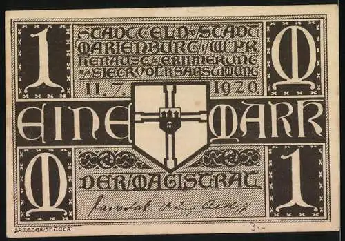 Notgeld Marienburg 1920, 1 Mark, historische Krieger und Stadtwappen