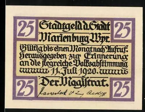 Notgeld Marienburg, 1920, 25 Pfennig, Stadtgeld d. Stadt Marienburg Wpr. zur Erinnerung an die Volksabstimmung 11. Juli