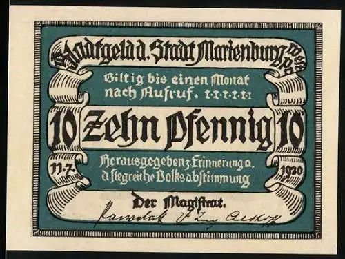 Notgeld Marienburg 1920, 10 Pfennig, Gedenknote zur Volksabstimmung mit Turm und Volksmenge