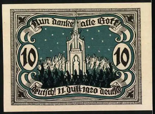 Notgeld Marienburg 1920, 10 Pfennig, Gedenknote zur Volksabstimmung mit Turm und Volksmenge