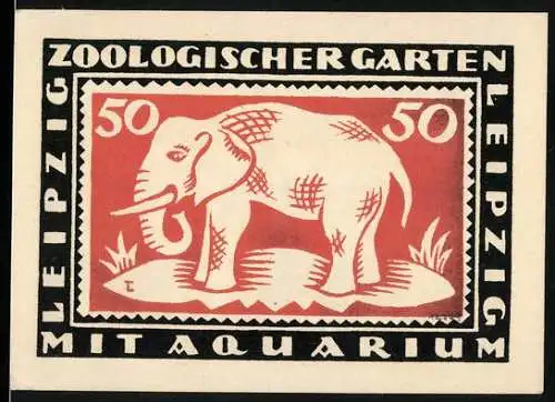 Notgeld Leipzig, 1921, 50 Pfennig, Zoologischer Garten mit Aquarium, Elefant und Gebäudeillustration