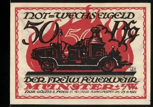 Notgeld Münster 1921, 50 Pfennig, Feuerwehr-Jubiläumsfest mit Löschfahrzeug und Feuerwehrhelm