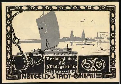 Notgeld Ohlau, 1921, 50 Pfennig, Vorderseite Illustration mit Mann und Pistole, Rückseite Stadtansicht mit Segelboot