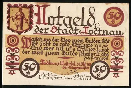 Notgeld Todtnau, 1921, 50 Pfennig, Stadtwappen, Gedicht, Landschaft mit Berg und Stadtansicht