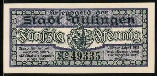 Notgeld Villingen, 1918, 50 Pfennig, Kriegsnotgeld mit Stadtwappen und altem Rathaus, Gültig bis 1920