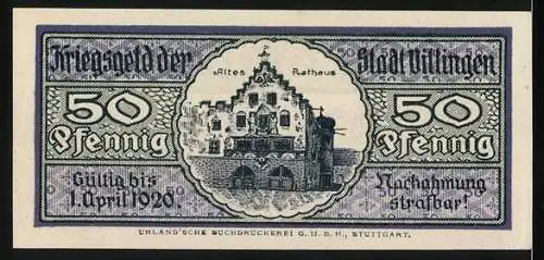 Notgeld Villingen, 1918, 50 Pfennig, Kriegsnotgeld mit Stadtwappen und altem Rathaus, Gültig bis 1920