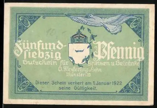 Notgeld Münster, 1922, 75 Pfennig, Gutschein für Speisen und Getränke Hotel und Kaffee Kaiserhof
