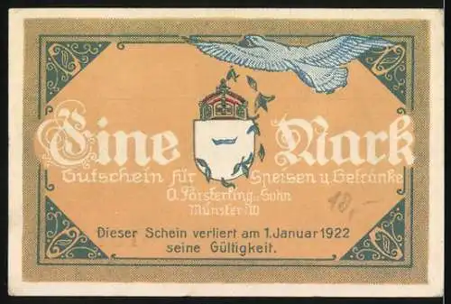 Notgeld Münster 1922, 1 Mark, Hotel und Kaffee Kaiserhof Gutschein für Speisen und Getränke