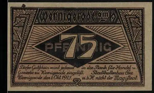 Notgeld Wernigerode 1921, 75 Pfennig, Stadtansicht und Schriftzug