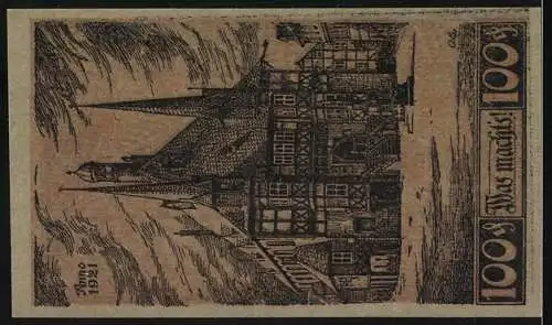 Notgeld Wernigerode, 1921, 1 Mark, Stadthallenbau mit Fachwerkhäusern und Schriftzug Das macht`s 100