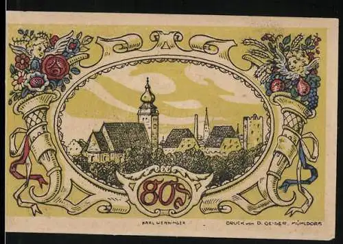 Notgeld Mühldorf, 1922, 80 Pf, Stadtansicht und Stadtwappen, Druck von D. Geiger, Mühldorf