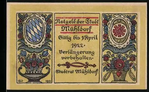 Notgeld Mühldorf 1921, 50 Pf, Gültig bis 1. April 1922 mit Stadtwappen und Turmabbildung