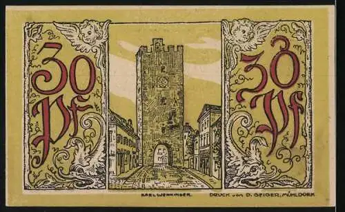 Notgeld Mühldorf 1921, 50 Pf, Gültig bis 1. April 1922 mit Stadtwappen und Turmabbildung