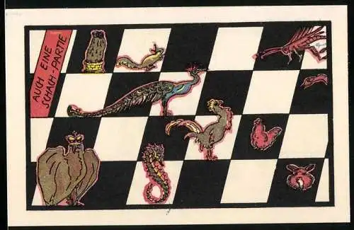 Notgeld Stroebeck 1921, Gutschein 1 /2 Mark, Tiere auf Schachbrett und Schachfigur auf Kugel