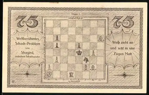 Notgeld Kahla 1921, 75 Pfennig, Welberühmtes Schach-Problem von Shagird, Gutschein über Dreiviertel Mark