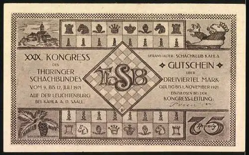 Notgeld Kahla 1921, 75 Pfennig, Thüringer Schachbund Kongress und Schachmotive