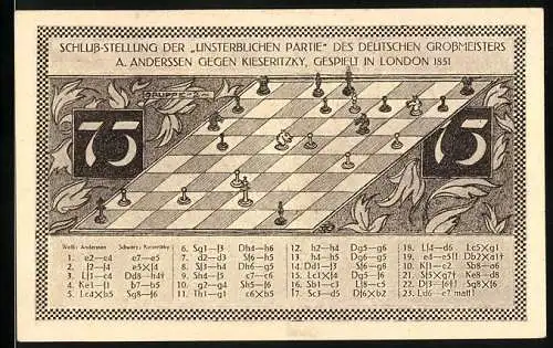 Notgeld Kahla, 1921, 75 Pfennig, Schachspiel Anderseen gegen Kieseritzky, Schachkongress Thüringer Schachbund