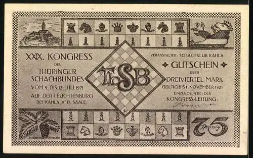 Notgeld Kahla, 1921, 75 Pfennig, Schachspiel Anderseen gegen Kieseritzky, Schachkongress Thüringer Schachbund