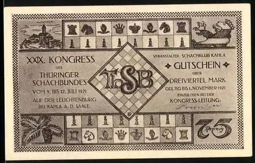 Notgeld Kahla 1921, 75 Pfennig, XXX. Kongress des Thüringer Schachbundes mit Adolf Anderssen Porträt