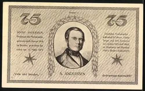 Notgeld Kahla 1921, 75 Pfennig, XXX. Kongress des Thüringer Schachbundes mit Adolf Anderssen Porträt