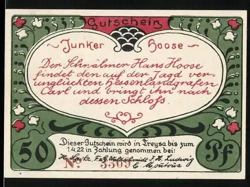 Notgeld Treysa, 1922, 50 Pfennig, Junker Hoose findet den Landgrafen