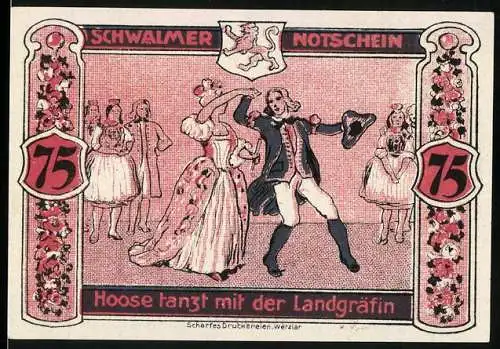 Notgeld Treysa 1922, 75 Pfennig, Hoose tanzt mit der Landgräfin, Junker Hoose und Landgrafenpaar, Scharfe Druckereien W