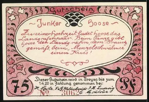 Notgeld Treysa 1922, 75 Pfennig, Hoose tanzt mit der Landgräfin, Junker Hoose und Landgrafenpaar, Scharfe Druckereien W