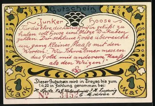 Notgeld Treysa 1922, 1 Mark, Hoose überreicht die Metze Dukaten, Junker Hoose Text, Scharfes Druckereien, Wetzlar