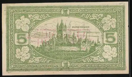 Notgeld Cochem 1918, 5 Mark, Burg Cochem Abbildung und kunstvolle Gestaltung