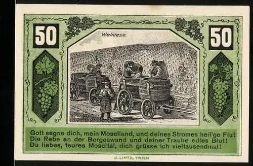 Notgeld Schweich, 1921, 50 Pfennig, Weinlese und Vereinsangaben auf Vorder- und Rückseite