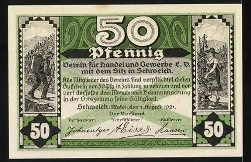 Notgeld Schweich, 1921, 50 Pfennig, Weinlese und Vereinsangaben auf Vorder- und Rückseite