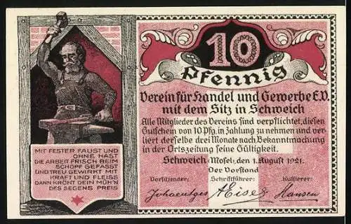 Notgeld Schweich, 1921, 10 Pfennig, Loos-Kreuz bei Schweich erbaut 1774 und Verein für Handel und Gewerbe e.V