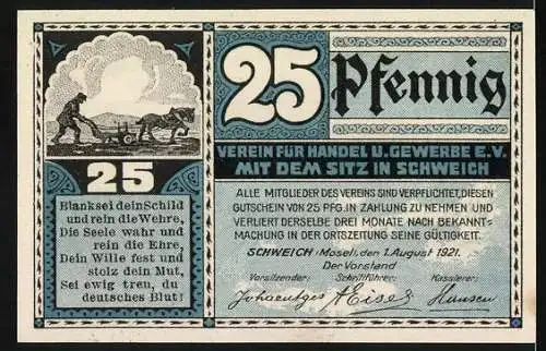 Notgeld Schweich, 1921, 25 Pfennig, Fährbetrieb und Verein für Handel und Gewerbe E.V