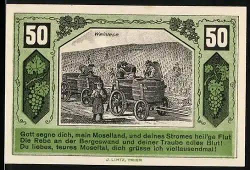 Notgeld Schweich, 1921, 50 Pfennig, Weinlese mit Wagen und Reben, Verein für Handel und Gewerbe e.V., grün