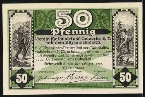 Notgeld Schweich, 1921, 50 Pfennig, Weinlese mit Wagen und Reben, Verein für Handel und Gewerbe e.V., grün