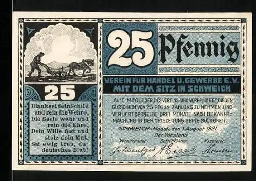 Notgeld Schweich 1921, 25 Pfennig, Verein für Handel u. Gewerbe e.V., Fährszene und Gedicht