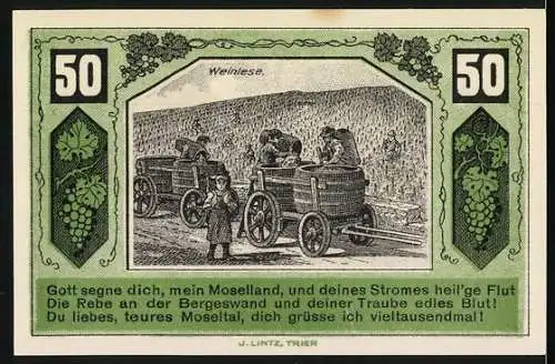 Notgeld Schweich 1921, 50 Pfennig, Weinlese und Moselland-Segnung