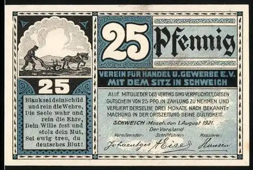 Notgeld Schweich 1921, 25 Pfennig, Verein für Handel u. Gewerbe E.V. mit Schweicher Fähre und Spruch