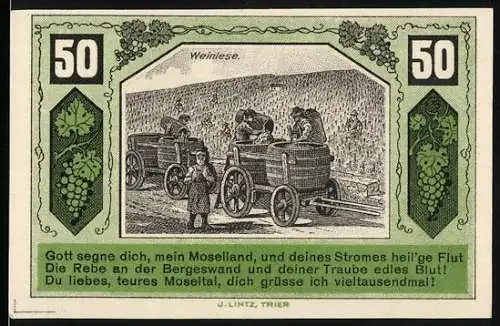 Notgeld Schweich Mosel, 1921, 50 Pfennig, Weinlese mit Erntewagen und Vereinsinformationen