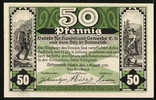 Notgeld Schweich Mosel, 1921, 50 Pfennig, Weinlese mit Erntewagen und Vereinsinformationen