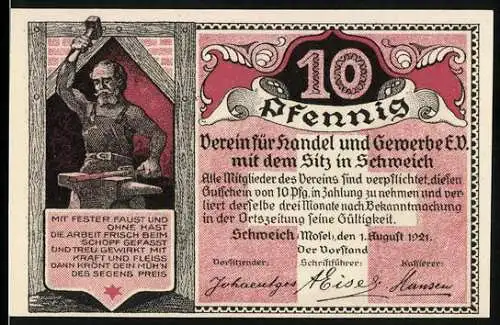 Notgeld Schweich, 1921, 10 Pfennig, Verein für Handel und Gewerbe und Hoch-Kreuz bei Schweich erbaut 1774