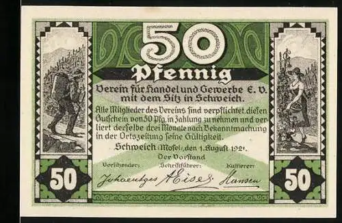 Notgeld Schweich, 1921, 50 Pfennig, grün, Weinlese-Motiv der Moselregion, Szenen aus dem Moseltal, signiert