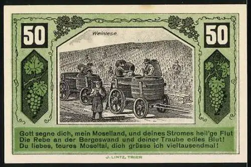 Notgeld Schweich, 1921, 50 Pfennig, grün, Weinlese-Motiv der Moselregion, Szenen aus dem Moseltal, signiert